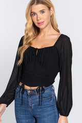 Black Front Tied Ruched Detail Long Sleeve Top - women's crop top at TFC&H Co.