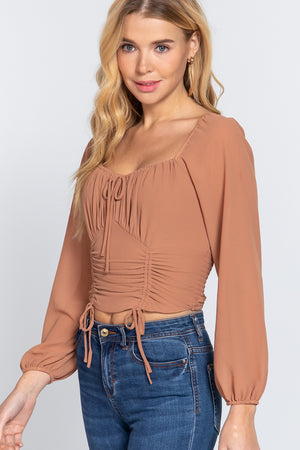 Front Tied Ruched Detail Long Sleeve Top - women's crop top at TFC&H Co.