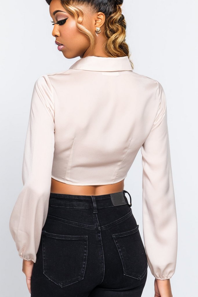 Stylish Notched Collar Crop Top with Twisted Front - women's crop top blouse at TFC&H Co.