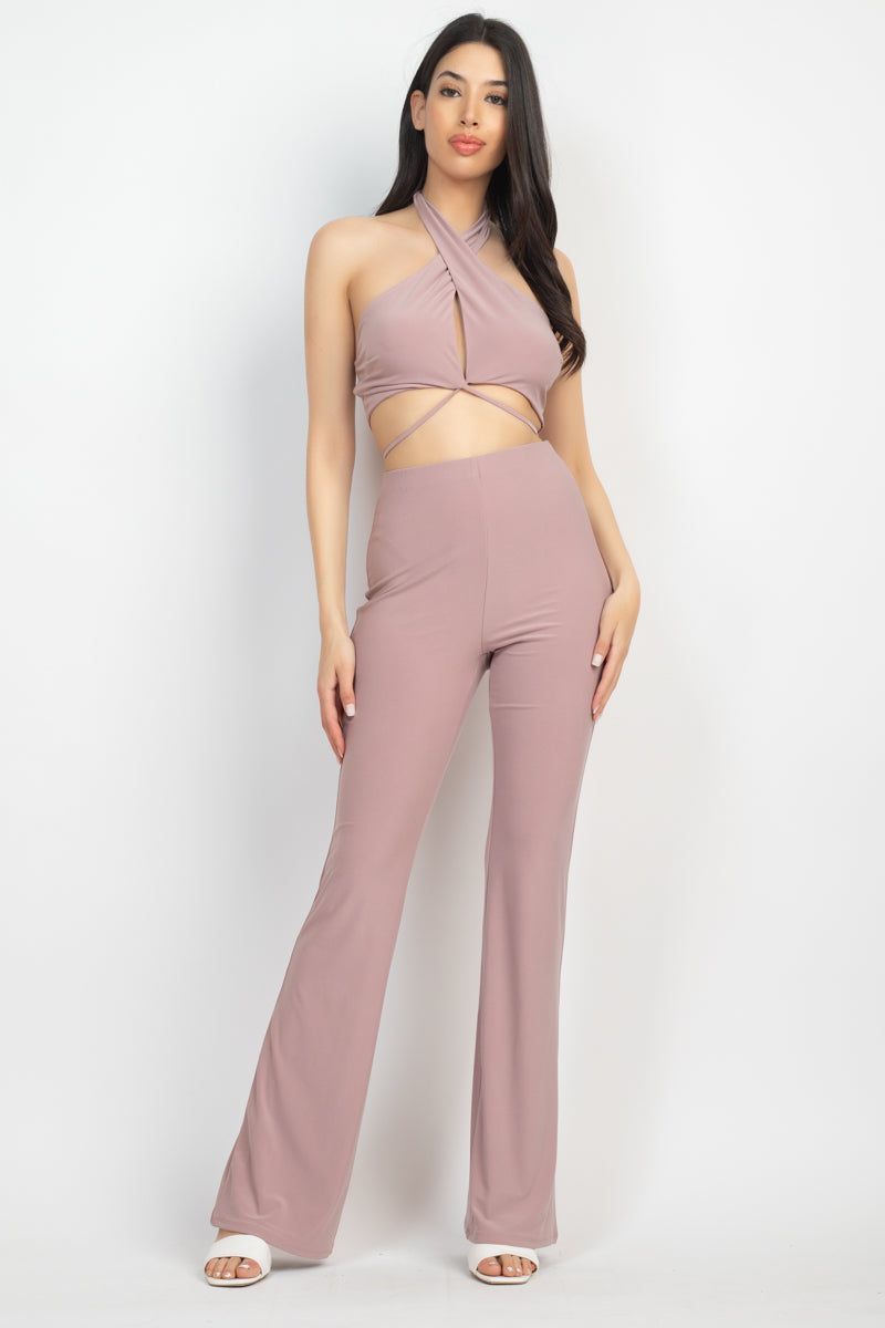 Mauve Solid Halter Top And Elastic Leggings Set - Ships from The USA - women's pants set at TFC&H Co.