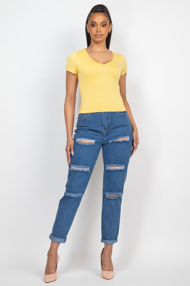 Rolled Hem Ripped Denim Jeans - women's jeans at TFC&H Co.