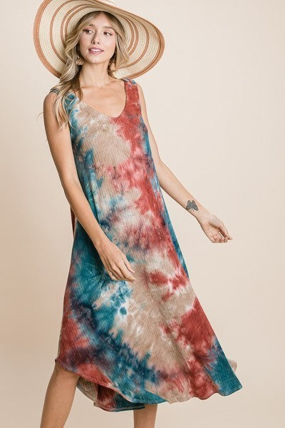 Tie Dye Ribbed Brush Sleeveless Flowy Asymmetrical Hem Midi Dress - women's dress at TFC&H Co.
