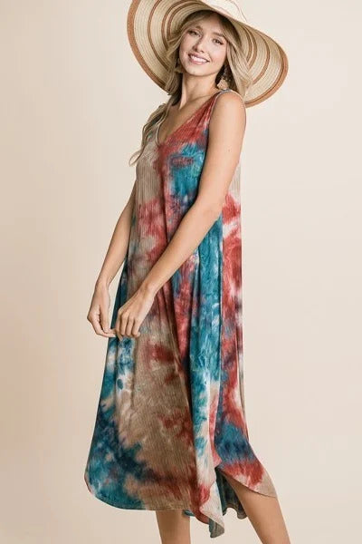 - Tie Dye Ribbed Brush Sleeveless Flowy Asymmetrical Hem Midi Dress - womens dress at TFC&H Co.