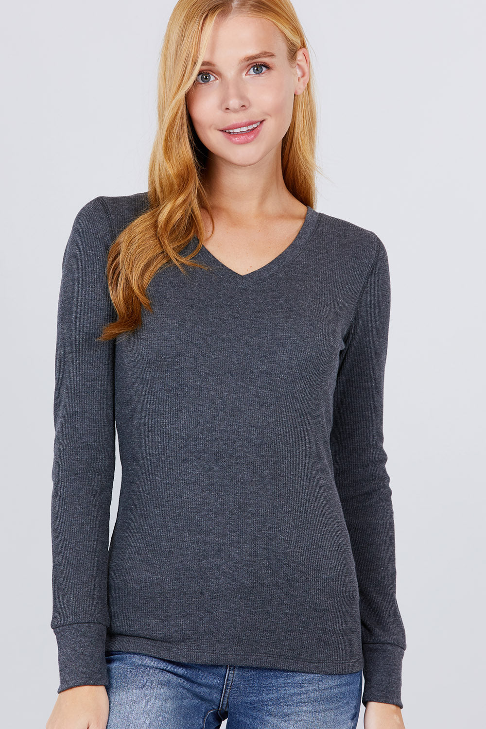 Charcoal Grey - Long Slv V-neck Thermal Top - 16 colors - womens shirt at TFC&H Co.