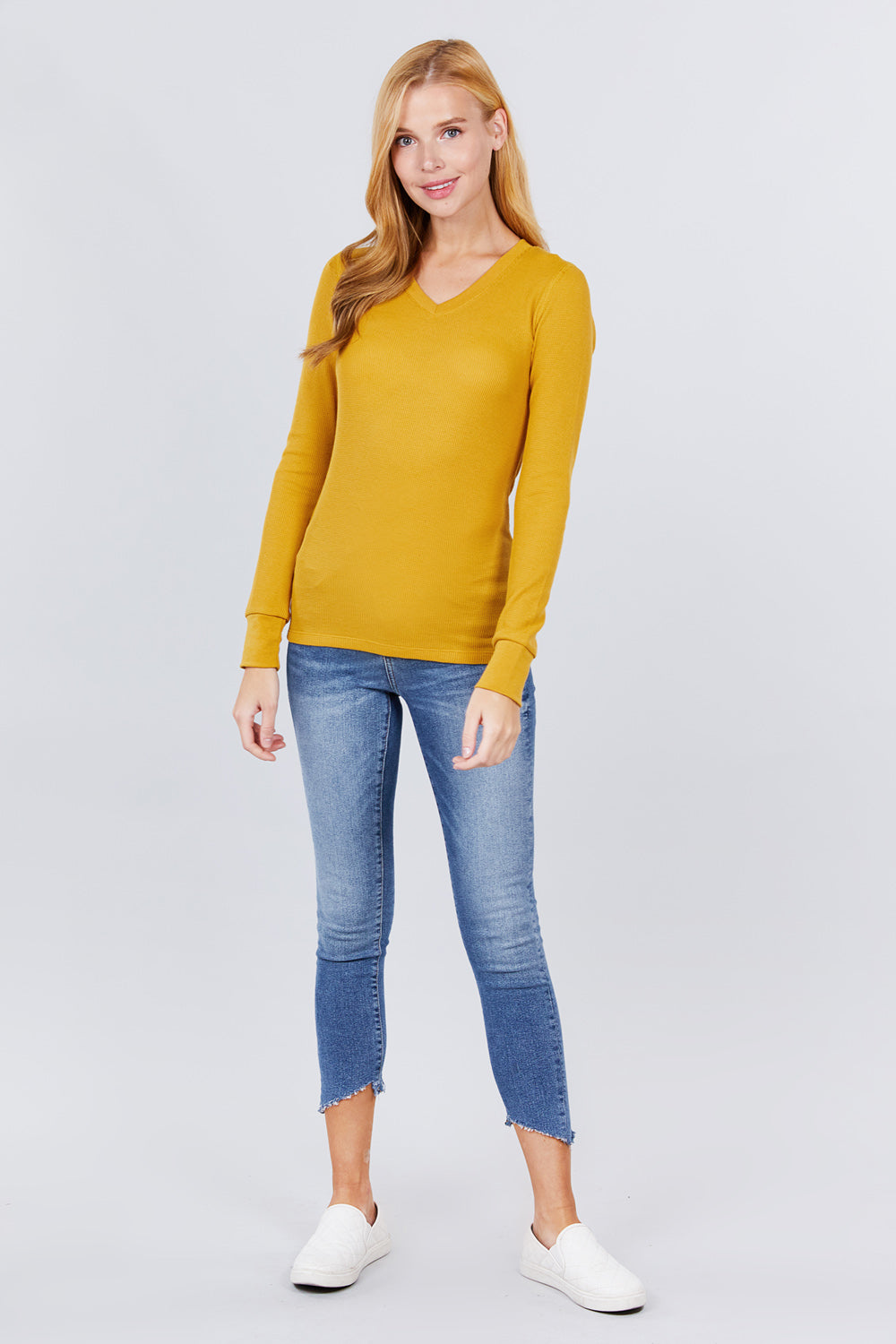 Deep Mustard - Long Slv V-neck Thermal Top - 16 colors - womens shirt at TFC&H Co.