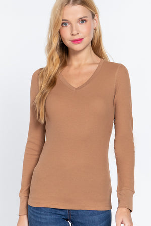 Natural Tan - Long Slv V-neck Thermal Top - 16 colors - womens shirt at TFC&H Co.