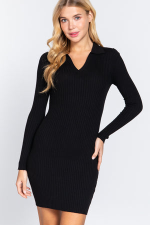 Black - Long Slv V-neck Sweater Rib Mini Dress - womens dress at TFC&H Co.