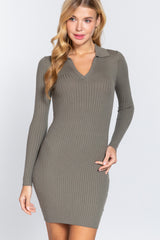 Sage Green - Long Slv V-neck Sweater Rib Mini Dress - womens dress at TFC&H Co.