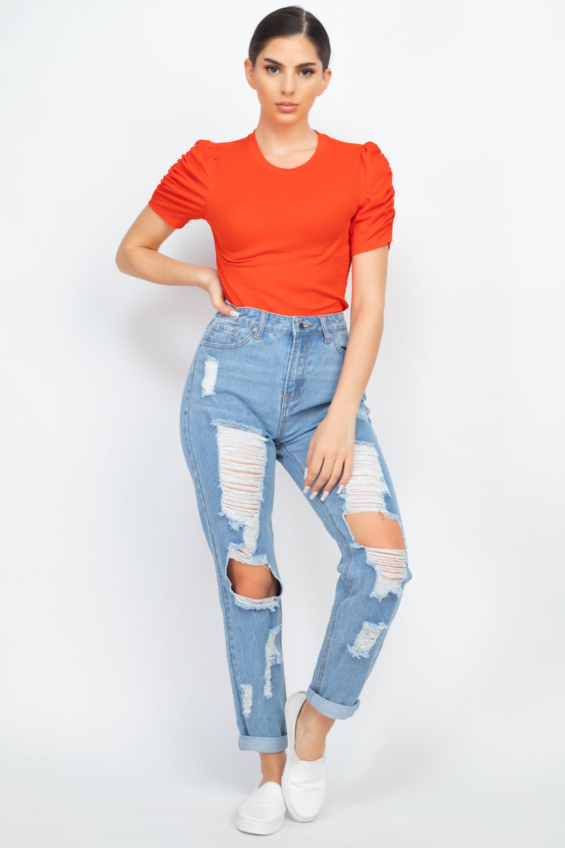 - Short Ruching Sleeve Top - womens shirt at TFC&H Co.