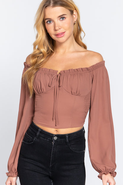 Truffle Off Shoulder Smocking Woven Top - 3 colors - women's shirt at TFC&H Co.
