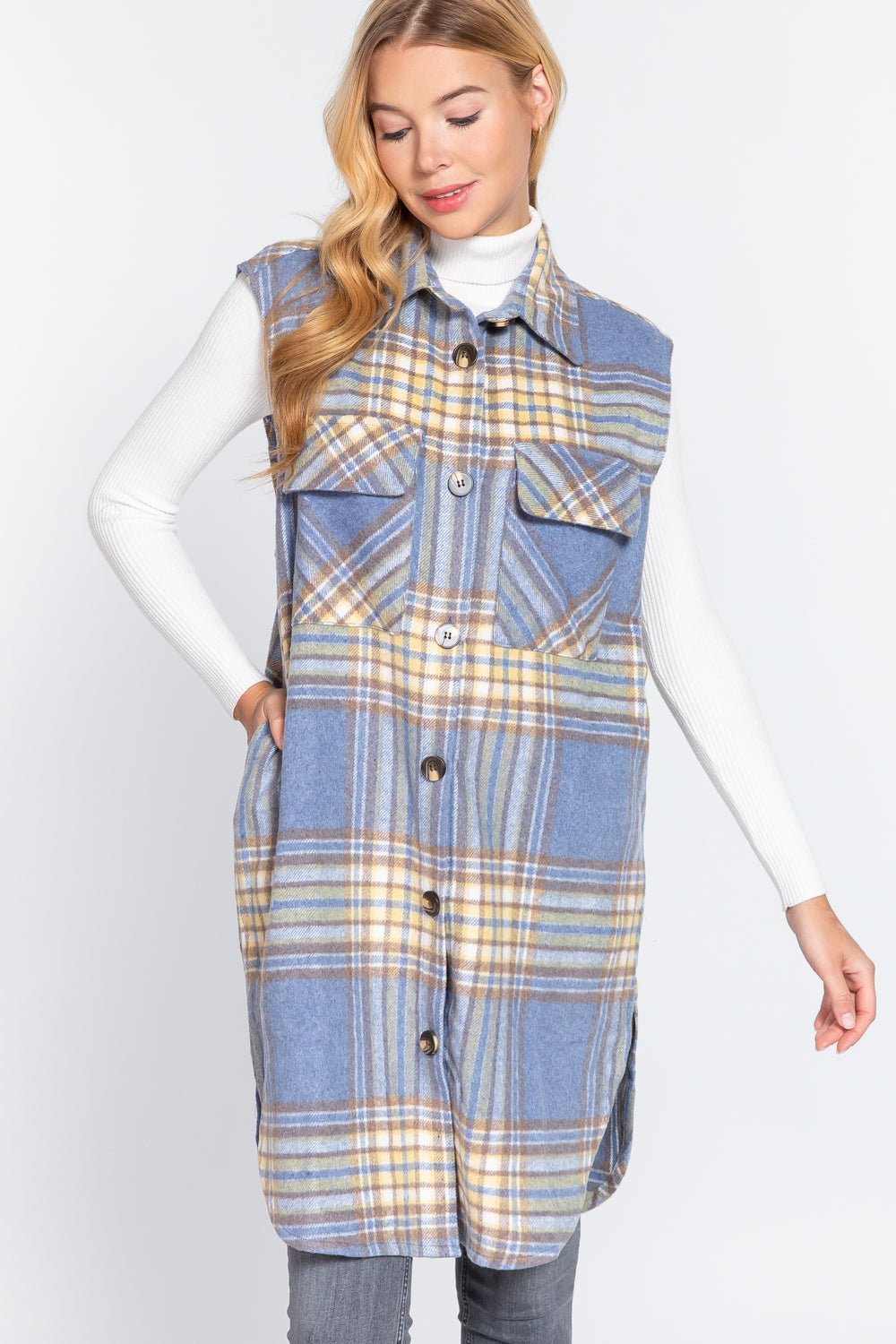 Blue/Mustard Notched Collar Brushed Plaid Vest - 2 styles - women's vest at TFC&H Co.