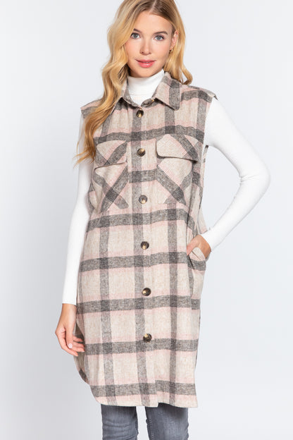 Grey/Pink Notched Collar Brushed Plaid Vest - 2 styles - women's vest at TFC&H Co.