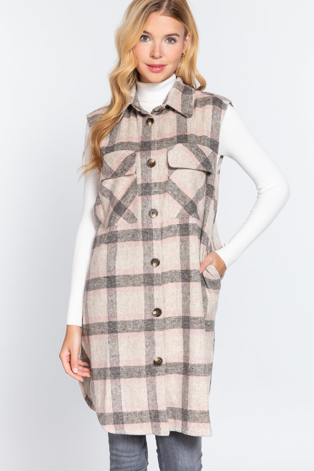 Grey Pink - Notched Collar Brushed Plaid Vest - 2 styles - womens vest at TFC&H Co.