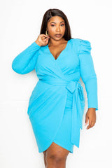 Turquoise - Voluptuous (+) Plus Size Padded Shoulder Wrap Midi Dress - 3 colors - womens dress at TFC&H Co.