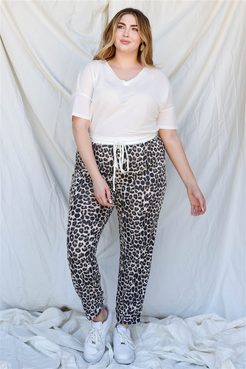 XL Voluptuous (+) Plus Brown Leopard Print Two Pocket Joggers Pants - women's joggers at TFC&H Co.
