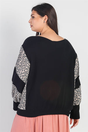 Voluptuous (+) Plus Black Flannel Leopard Print Colorblock Dolman Sleeve Top - women's shirt at TFC&H Co.