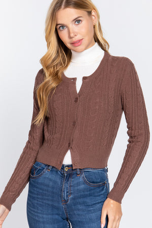 Brown - Crew Neck Cable Sweater Cardigan - 4 colors - womens cardigan at TFC&H Co.