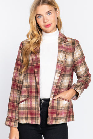 Wine/Brown Notched Collar Plaid Jacket - 2 colors - women's blazer at TFC&H Co.