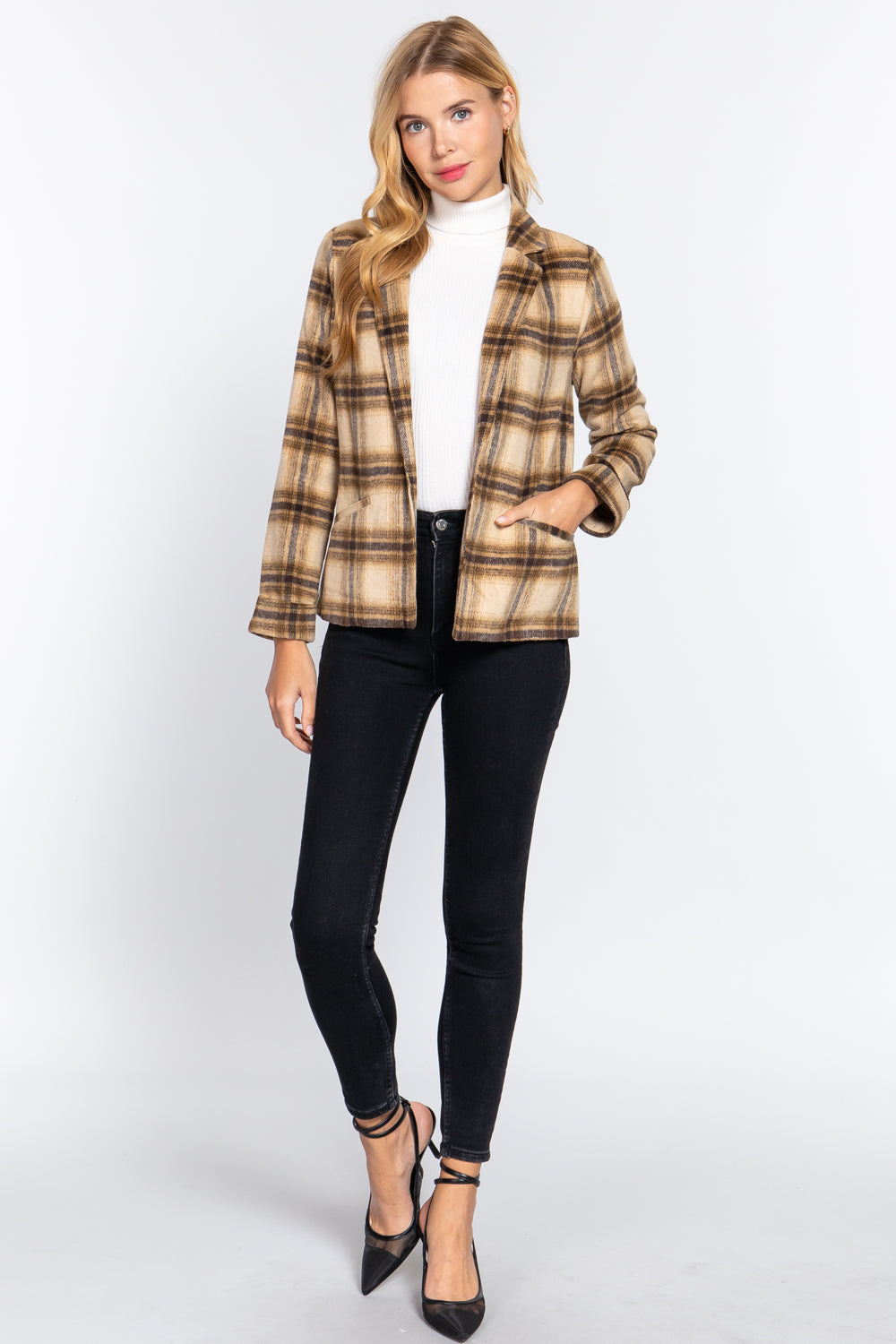Taupe Brown - Notched Collar Plaid Jacket - 2 colors - womens blazer at TFC&H Co.