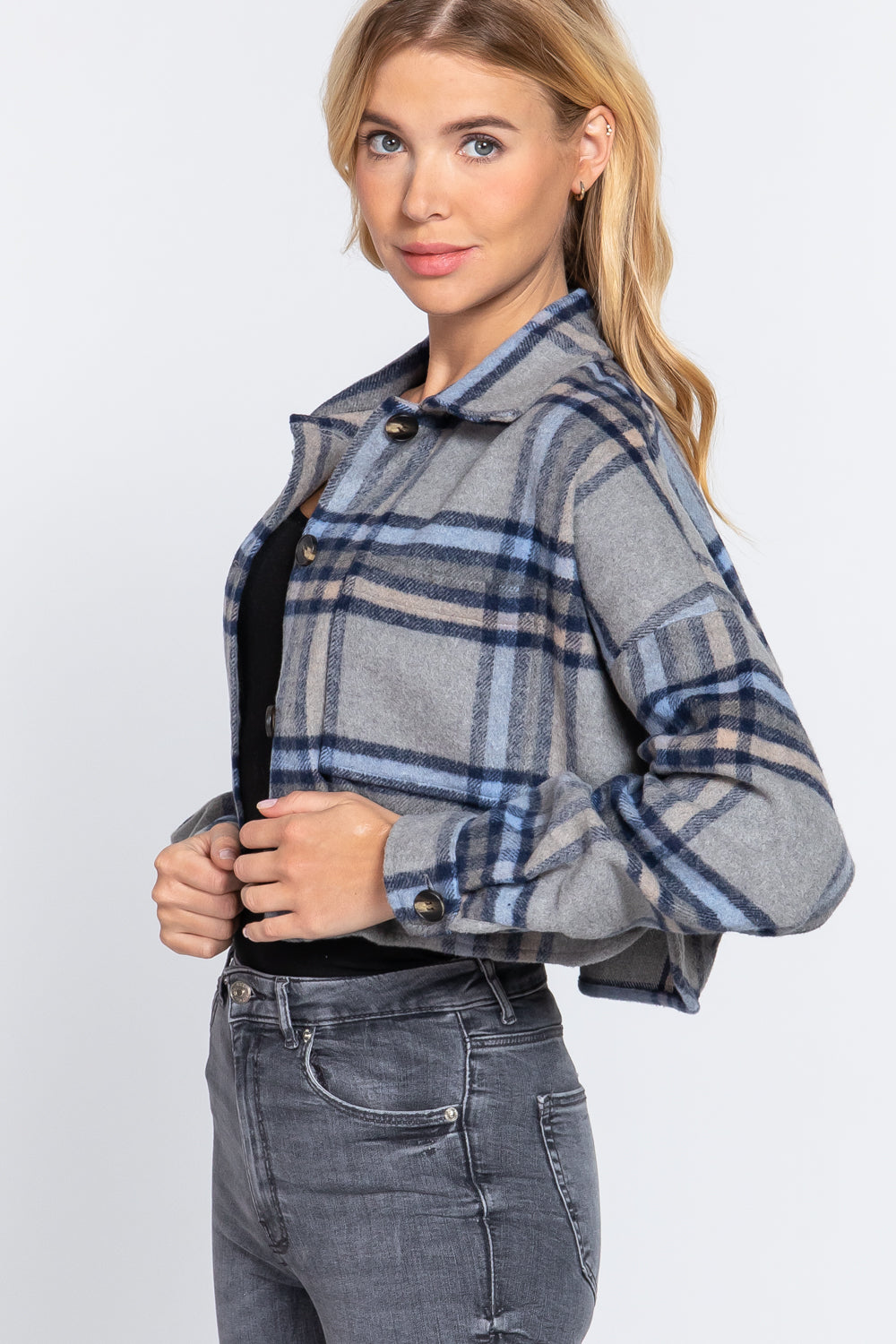 - Wool Plaid Oversized Crop Shacket - womens shacket at TFC&H Co.