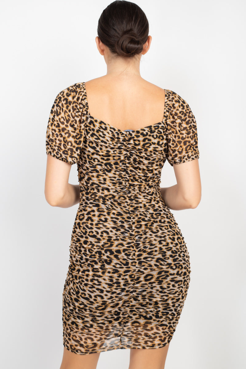 L - Ruched Leopard Print Bodycon Mini Dress - womens dress at TFC&H Co.