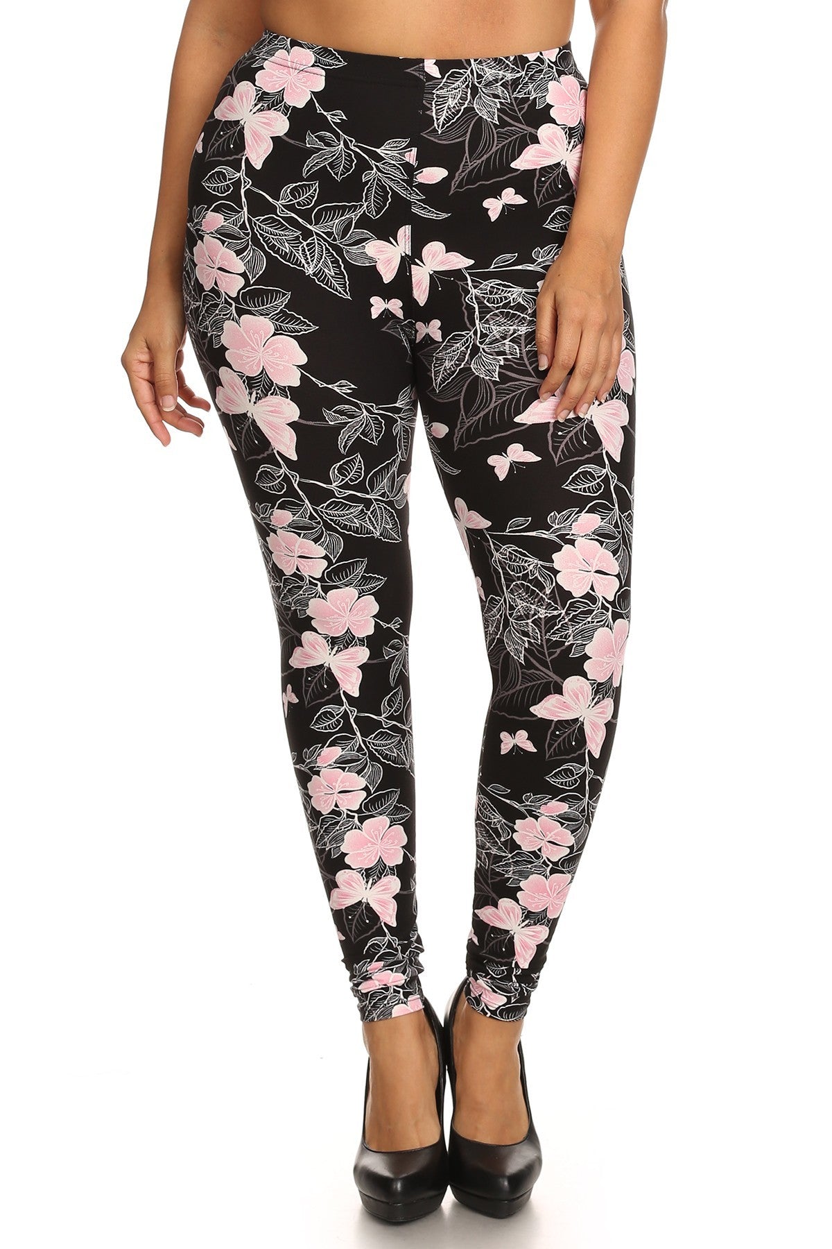 Multi/One Size Fits Most Plus Size Super Soft Peach Skin Fabric, Butterfly Graphic Printed Knit Legging With Elastic Waist Detail - women's leggings at TFC&H Co.