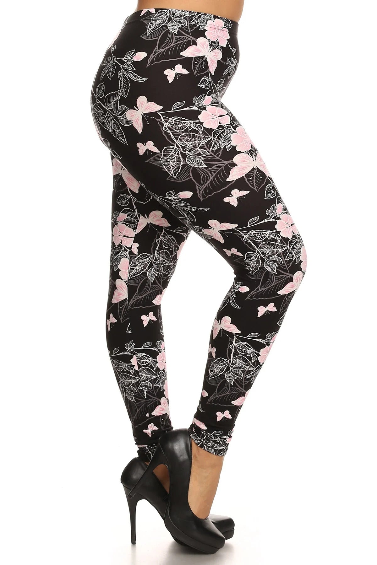 Plus Size Super Soft Peach Skin Fabric, Butterfly Graphic Printed Knit Legging With Elastic Waist Detail - women's leggings at TFC&H Co.