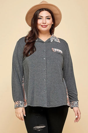 1XL - Voluptuous (+) Plus Size Printed Patchwork Contrast Button Up Shirt - womens button-up shirt at TFC&H Co.