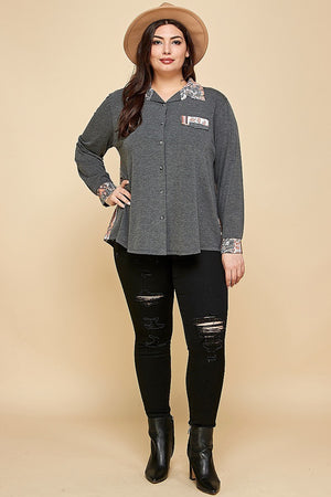 - Voluptuous (+) Plus Size Printed Patchwork Contrast Button Up Shirt - womens button-up shirt at TFC&H Co.