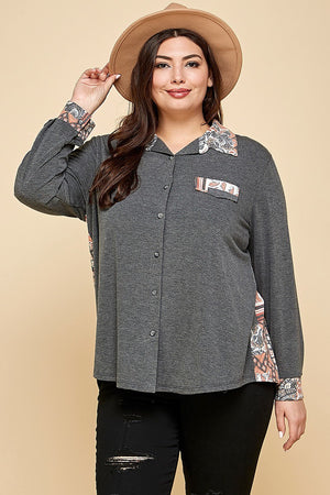 - Voluptuous (+) Plus Size Printed Patchwork Contrast Button Up Shirt - womens button-up shirt at TFC&H Co.
