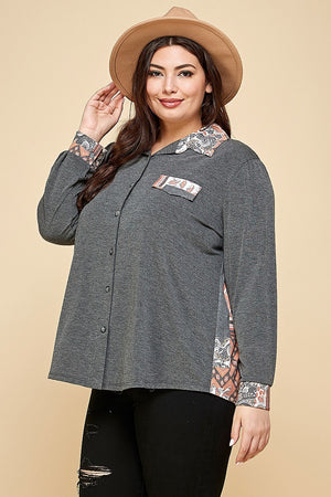 3XL - Voluptuous (+) Plus Size Printed Patchwork Contrast Button Up Shirt - womens button-up shirt at TFC&H Co.
