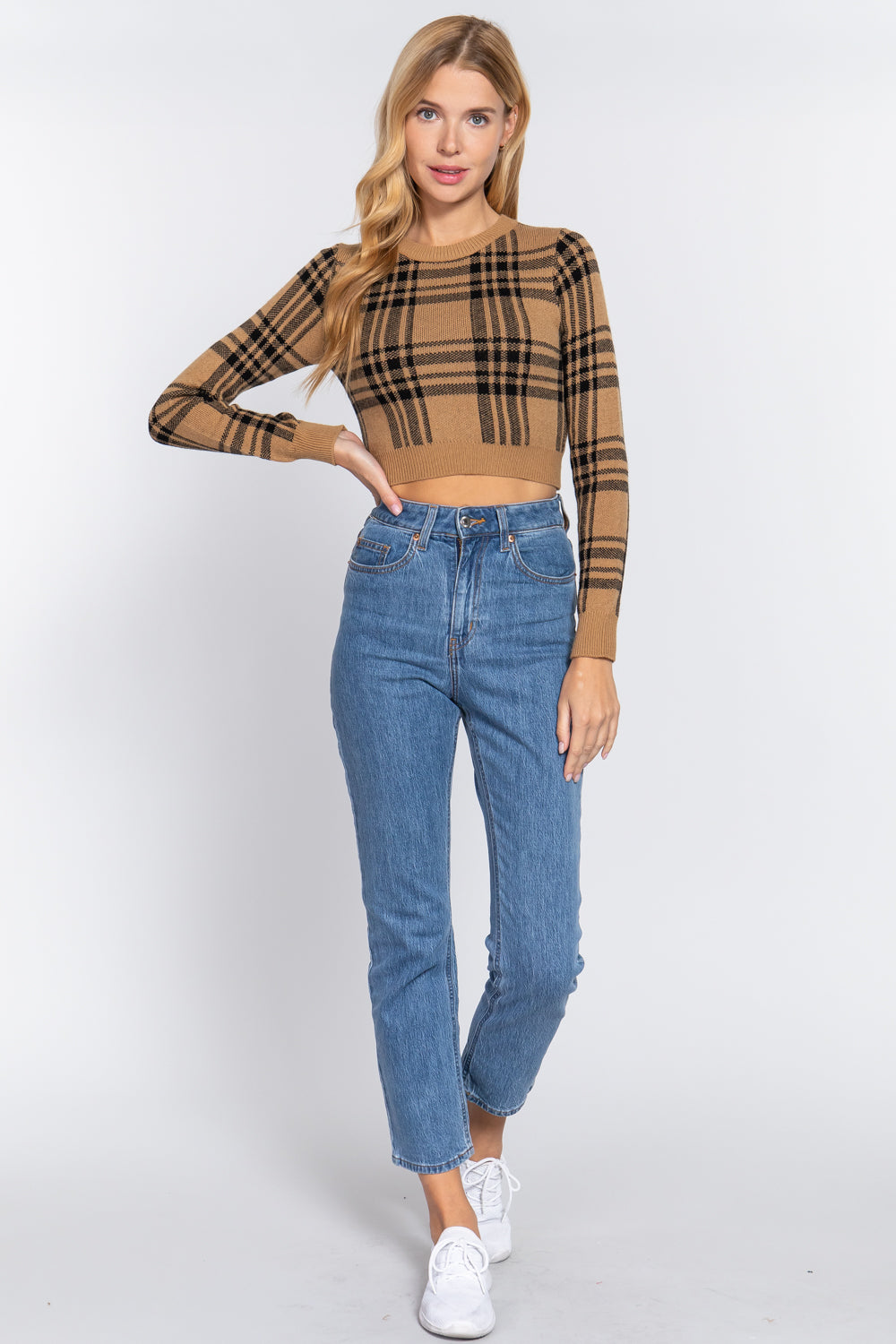 - Long Slv Check Jacquard Crop Sweater - womens sweater at TFC&H Co.