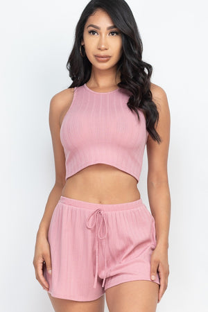 Mauve - Soft Rib Crop Tank Top & Shorts Outfit Set - 3 colors - womens short set at TFC&H Co.