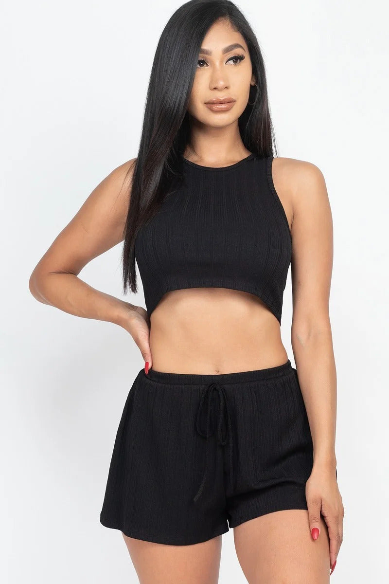 Black - Soft Rib Crop Tank Top & Shorts Outfit Set - 3 colors - womens short set at TFC&H Co.