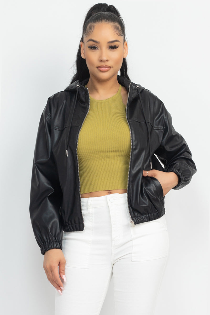 - Faux Leather Hoodie Jacket - 2 colors - womens jacket at TFC&H Co.