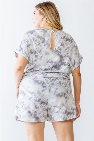 Plus Ivory & Grey Tie-dye Print Two Pocket Romper Voluptuous (+) Size - Ships from The US - women's romper at TFC&H Co.