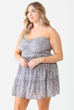 DENIM BLUE - Floral Print Ruched Ruffle Smocked Back Top & High Waist Flare Hem Mini Skirt Set - Ships from The US - womens skirt set at TFC&H Co.