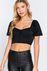 BLACK - Short Slv Shirring Satin Crop Top - 4 colors - Ships from The US - womens crop top at TFC&H Co.