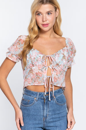 Short Slv Front Tie Print Woven Top - Ships from The US - women's shirt at TFC&H Co.