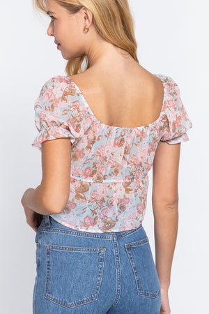 Short Slv Front Tie Print Woven Top - Ships from The US - women's shirt at TFC&H Co.