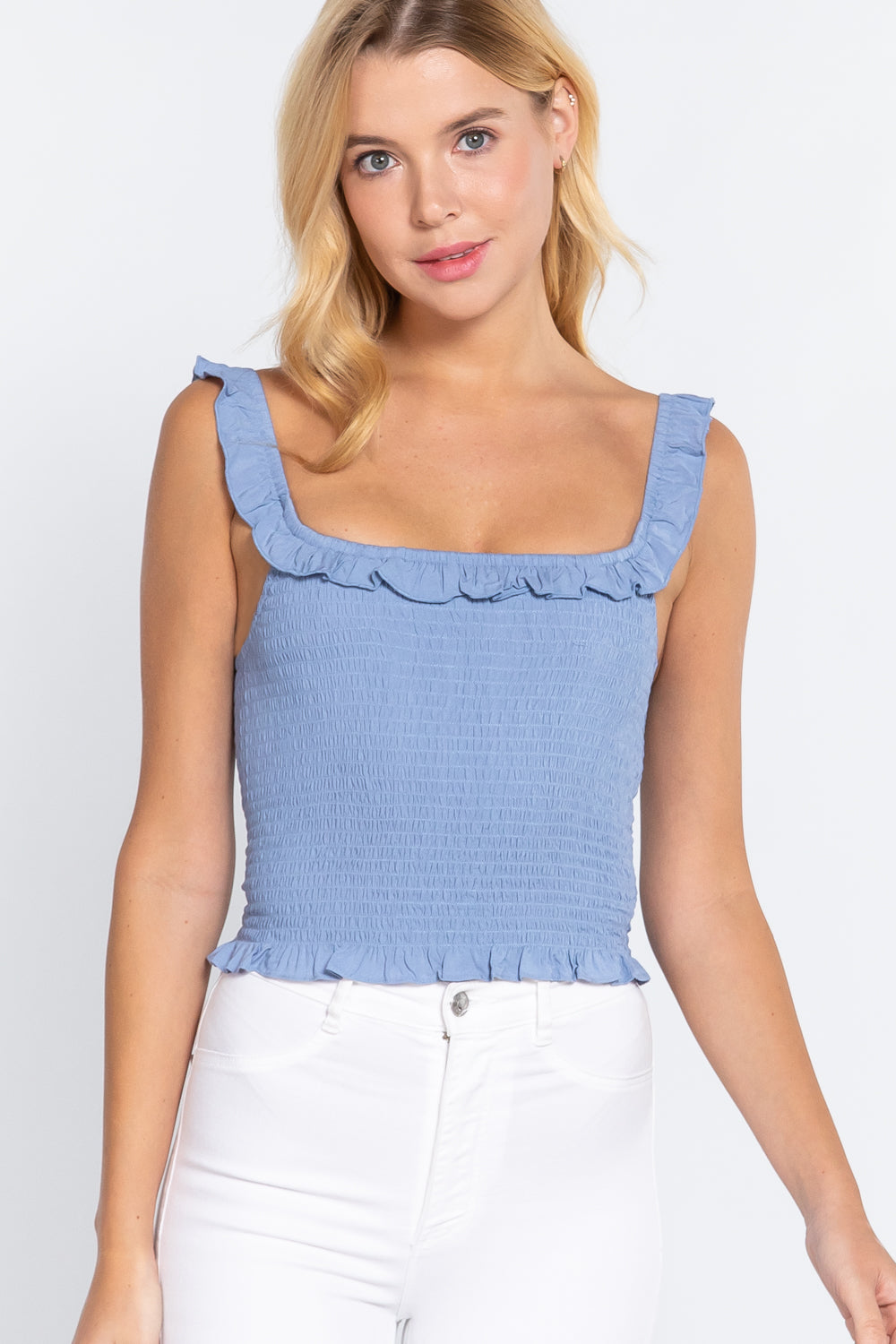 DENIM BLUE Smocking Ruffle Cami Woven Top - Ships from The US - women's shirts at TFC&H Co.