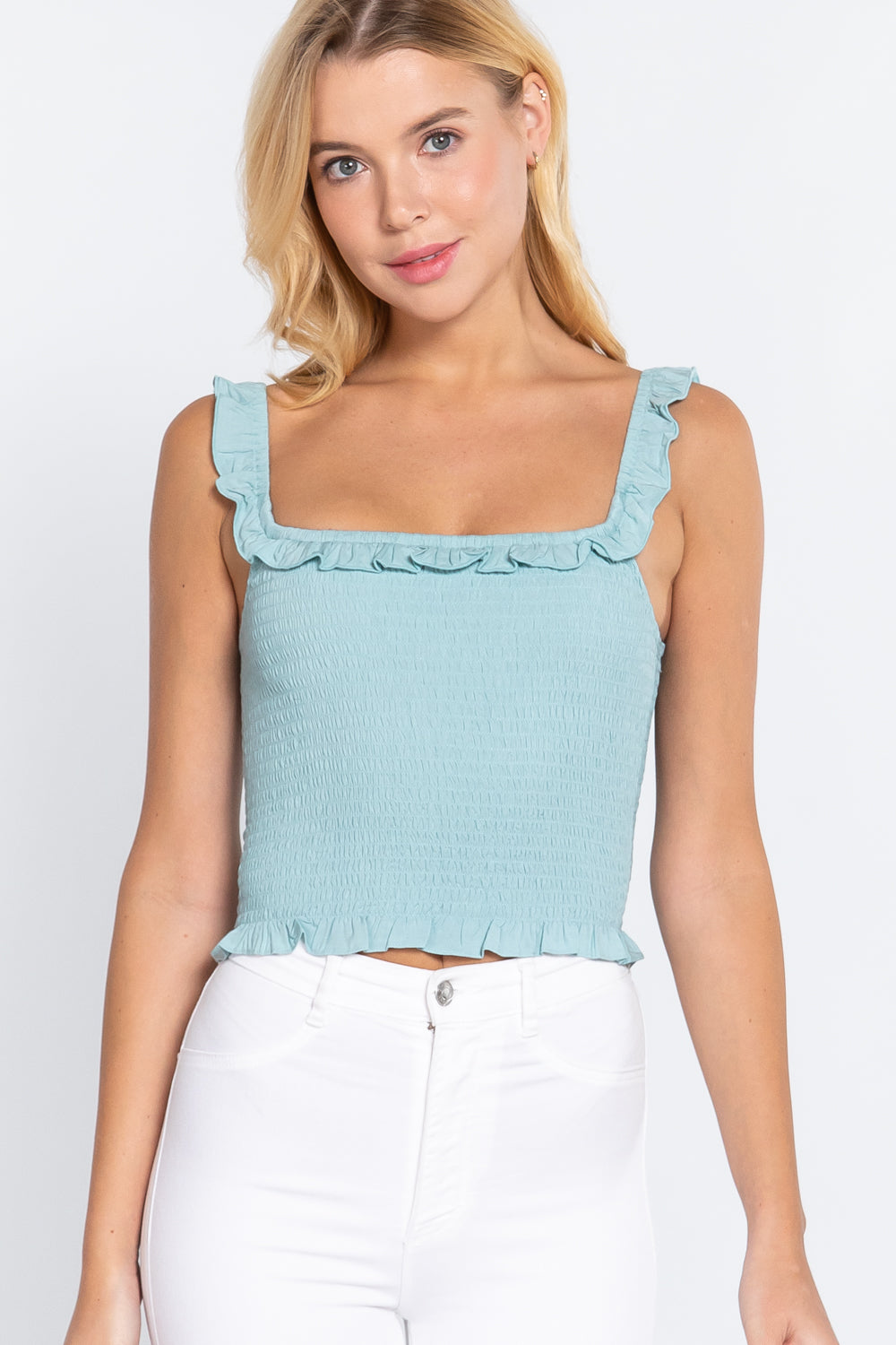 MINT Smocking Ruffle Cami Woven Top - Ships from The US - women's shirts at TFC&H Co.