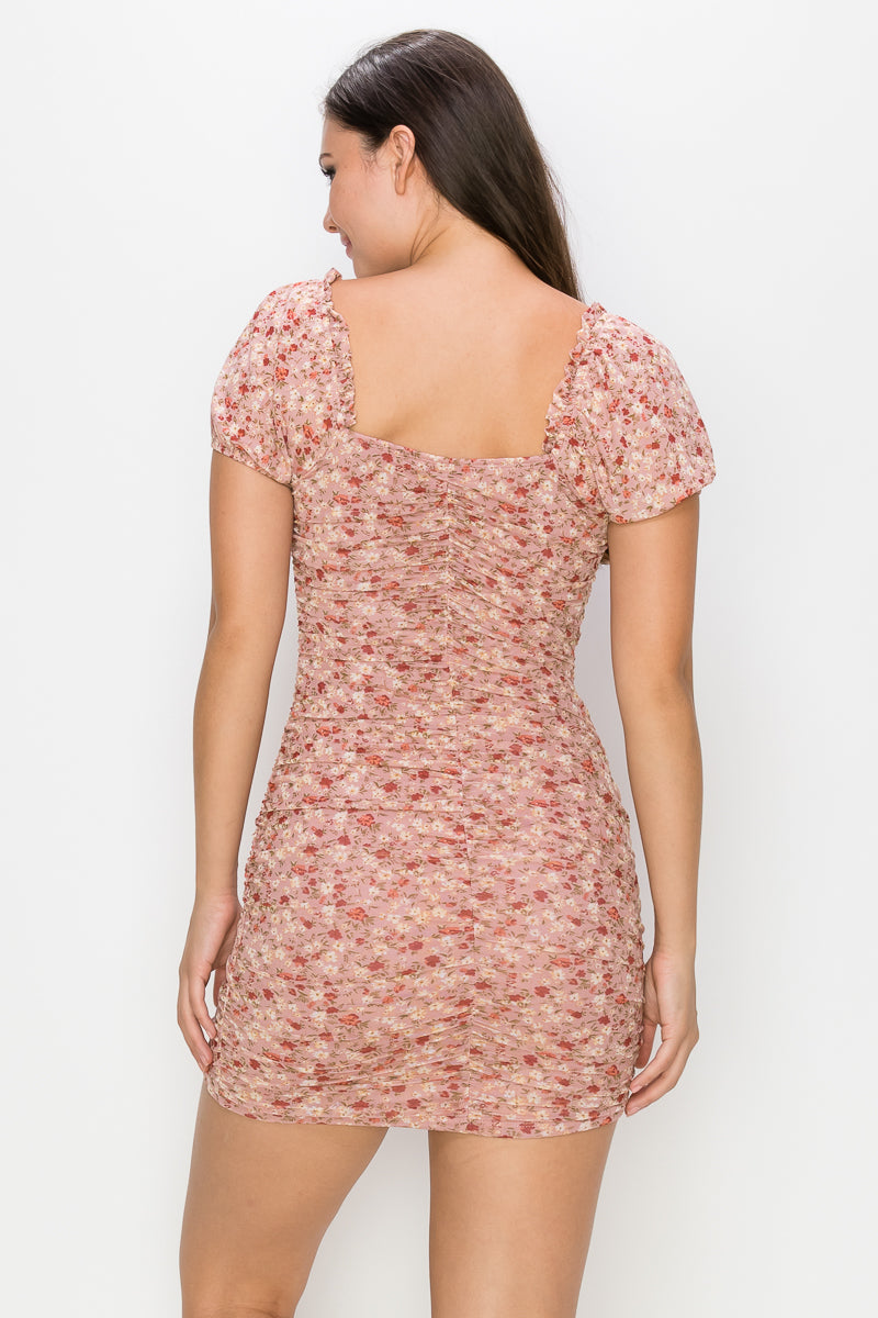 - Ruched Floral Ruffled Bodycon Dress - Ships from The US - womens dress at TFC&H Co.