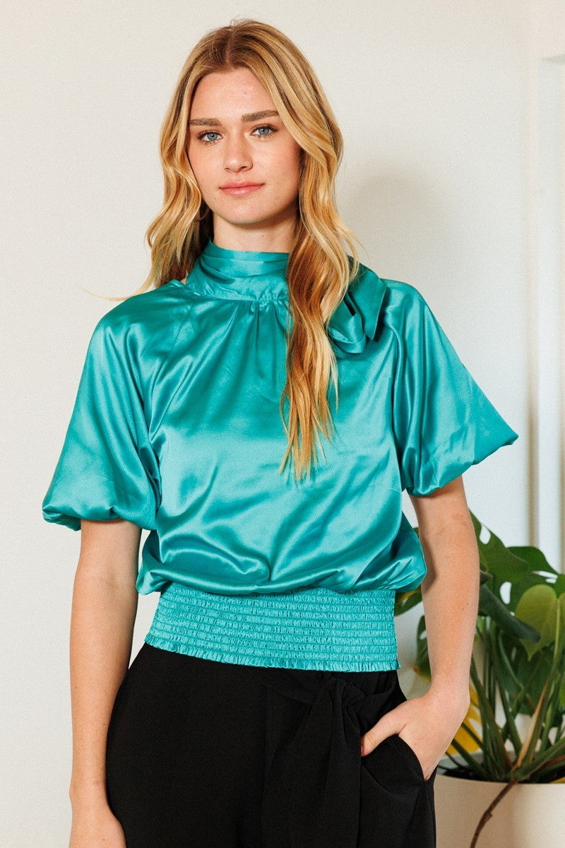 TURQUOISE Waist Smocked Solid Satin Blouse - 4 colors - Ships from The US - women's blouse at TFC&H Co.