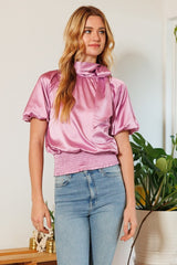 LIGHT ORCHID Waist Smocked Solid Satin Blouse - 4 colors - Ships from The US - women's blouse at TFC&H Co.