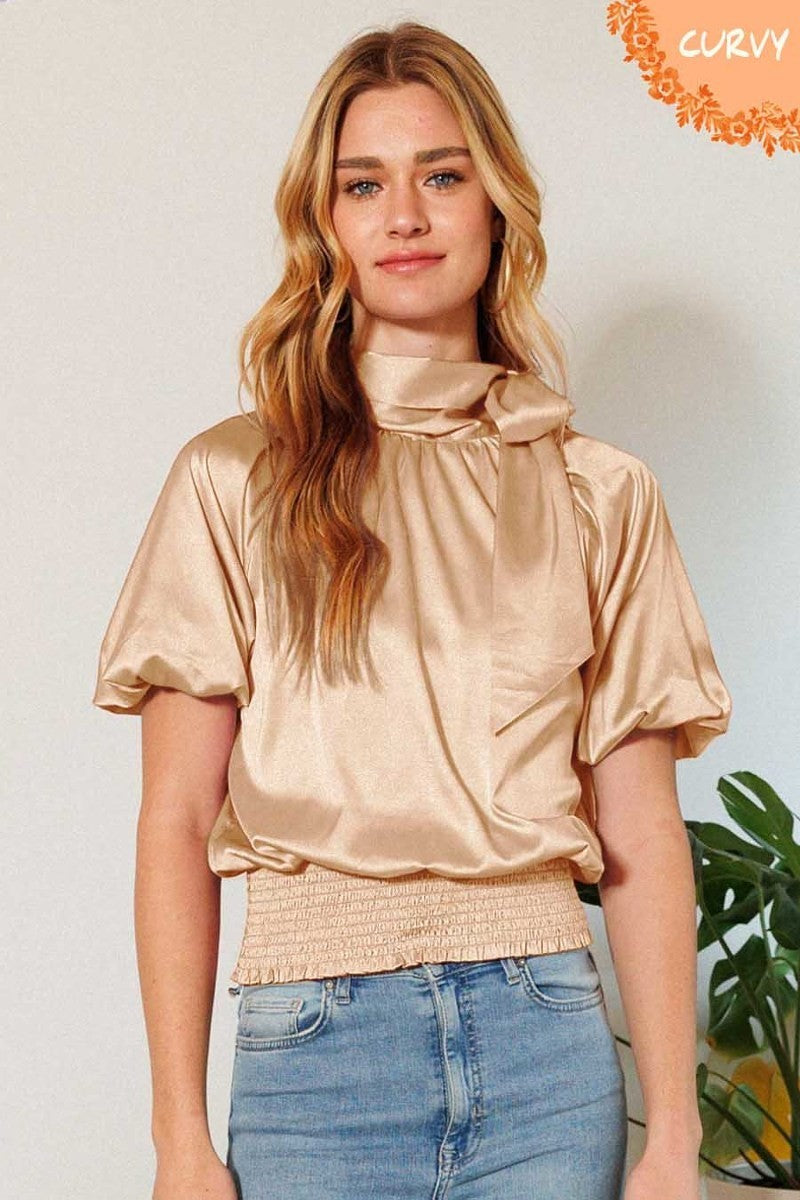 LIGHT TAUPE Waist Smocked Solid Satin Blouse - 4 colors - Ships from The US - women's blouse at TFC&H Co.
