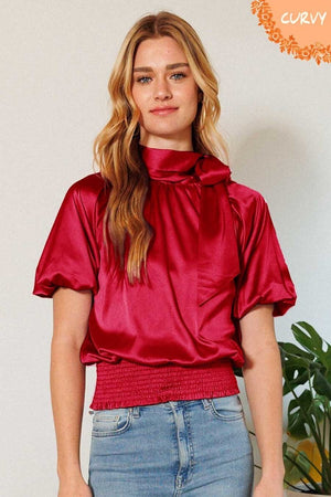 RUBY Waist Smocked Solid Satin Blouse - 4 colors - Ships from The US - women's blouse at TFC&H Co.