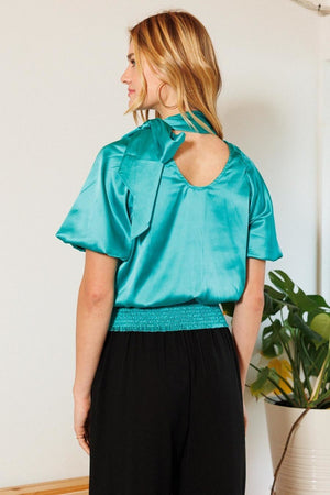 Waist Smocked Solid Satin Blouse - 4 colors - Ships from The US - women's blouse at TFC&H Co.