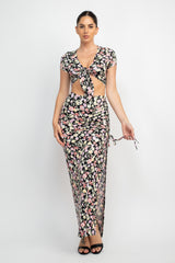 BLACK Front Knot Floral Top & Ruched Maxi Skirt Set - 5 colors - Ships from The US - women's skirt set at TFC&H Co.
