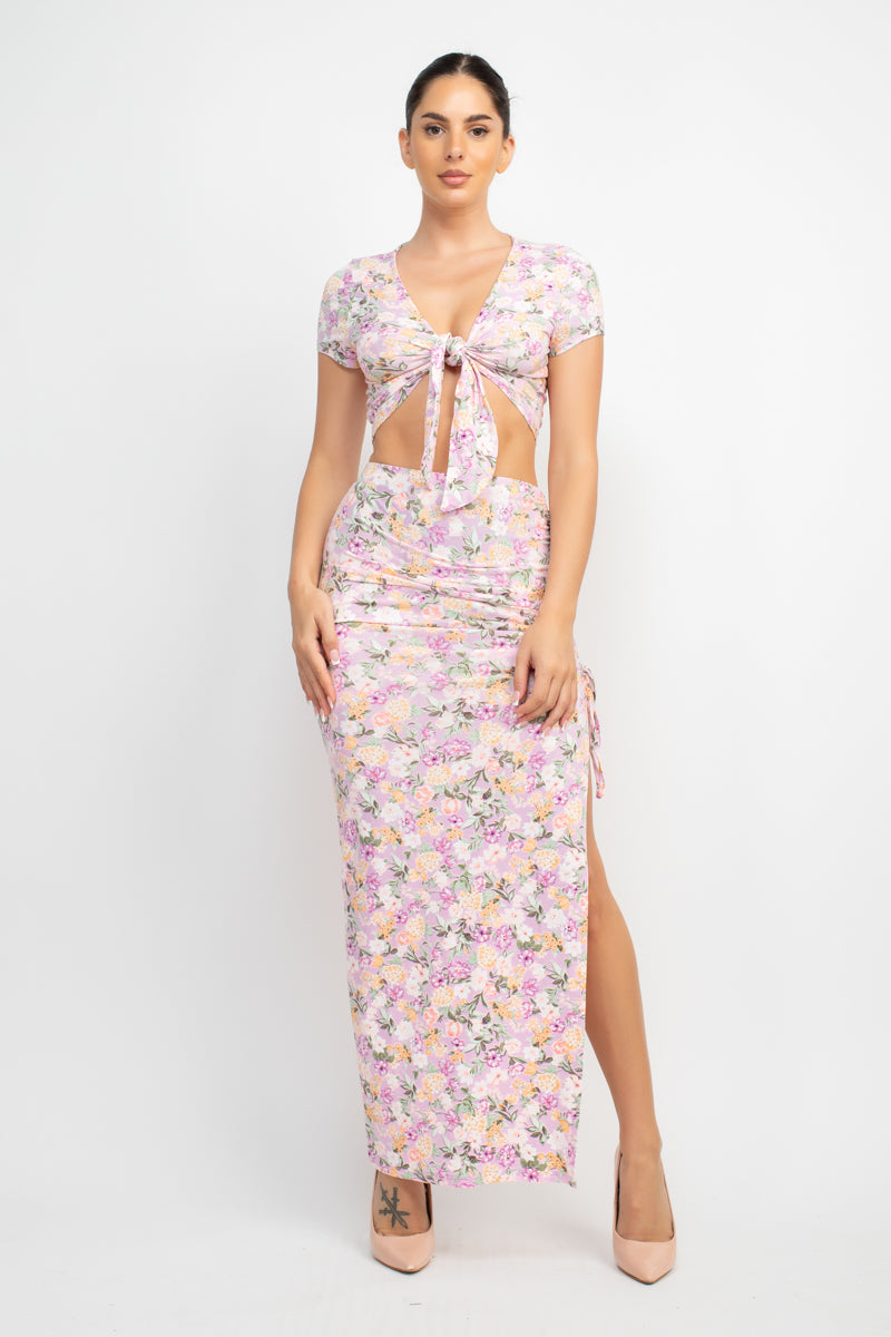 PINK LAVENDER Front Knot Floral Top & Ruched Maxi Skirt Set - 5 colors - Ships from The US - women's skirt set at TFC&H Co.